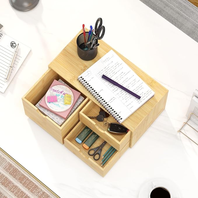 Bamboo Desk Organizer with Drawers, Desktop Storage Box for Office Supplies | 3 Drawers Desktop organizer, No Assembly Required, Natural Wood Wooden Desktop Drawers for Bills, Cosmetics, Seals, Paper