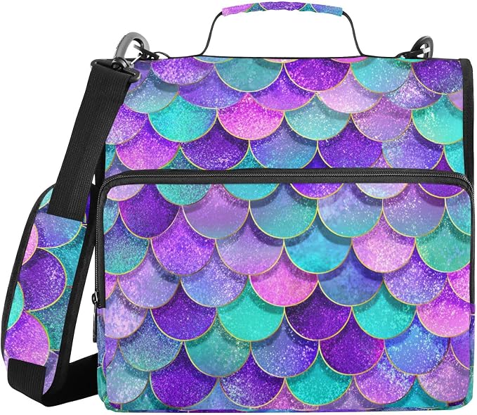 Pink Blue Purple Mermaid Scales 3 Ring Binder Bag 1.5 inch Binder Organizer with Zipper Shoulder Strap 500 Sheet Documents Storage for School Office
