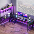 L Shaped Gaming Desk with LED Lights & Power Outlets | Reversible Computer Desk with Storage Shelves & Bag, Large Corner Home Office Desk for Work from Home, Carbon Fiber Black