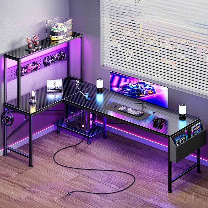 L Shaped Gaming Desk with LED Lights & Power Outlets | Reversible Computer Desk with Storage Shelves & Bag, Large Corner Home Office Desk for Work from Home, Carbon Fiber Black