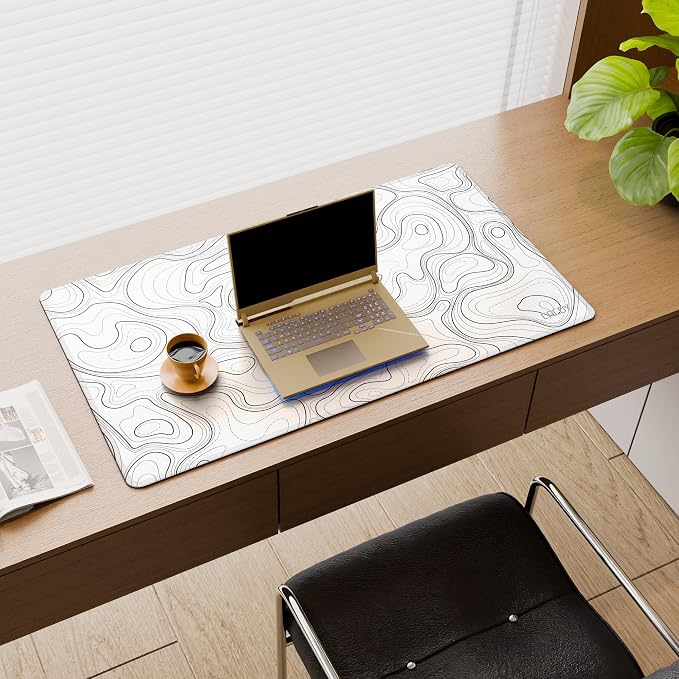 Cacoy 36"x20" Topographic Gaming Mouse Pad XXL, Extended Computer Desk Mat | White Topographic Contour Line Large Desk Pad for Keyboard and Mouse with Non-Slip Rubber Base Stitched Edges for Office Home