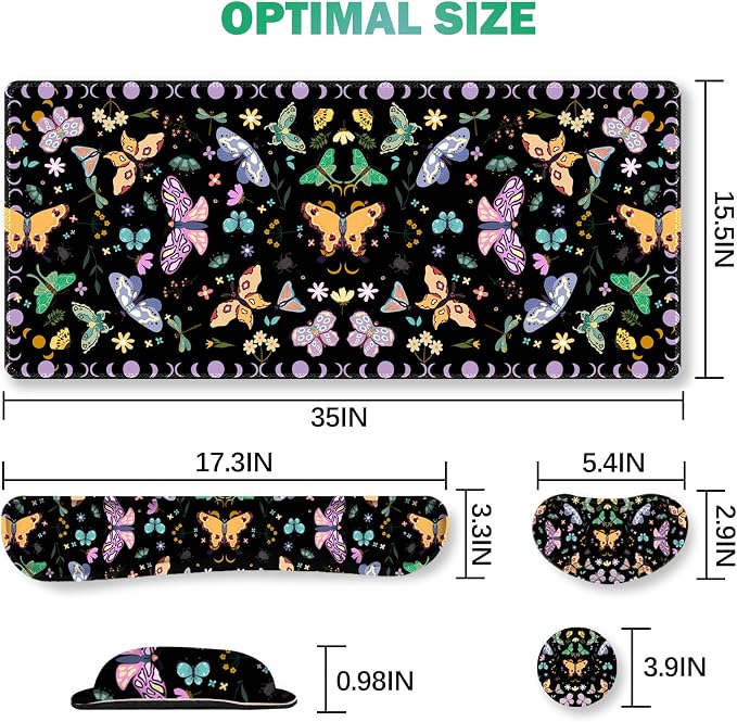 Desk Mat Set, Black Butterfly Extended Gaming Mouse Pad with Wrist Rest Support +Keyboard Wrist Rest +Coaster, Large Cute Mousepad, Easy Typing and Pain Relief