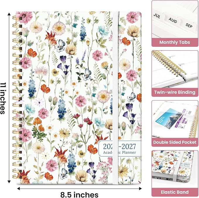 Taja Planner 2026-2027, Jul 2026-Jun 2027 Monthly & Weekly Calendar Planner | 8.5" x 11", Hardcover Academic Calendar, Teacher Student Agenda Book with Tabs, School Office Supplies, Wildflowers