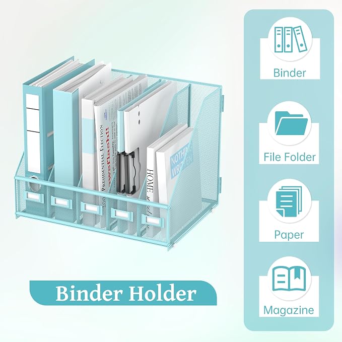 Desk Organizers Metal Desk Magazine File Holder with 5 Vertical Compartments Rack File Organizer for Office Desktop, Classroom, Home Workspace, Blue Plus