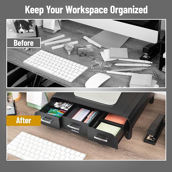 Mind Reader Monitor Stand, 3 Storage Drawers, Desktop Organizer, Riser, Office, 13.5"L x 13"W x 4"H, Set of 2, Black