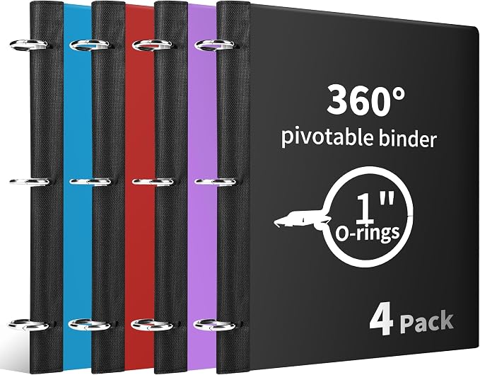 360° Pivotable 3 Ring Binder, Upgraded Foldable Binders 1 inch 4 Pack, Thin Small Three Ring Binder Fits 8.5" x 11", for Home, School and Office Binders Supplies -Black, Blue, Red, Purple
