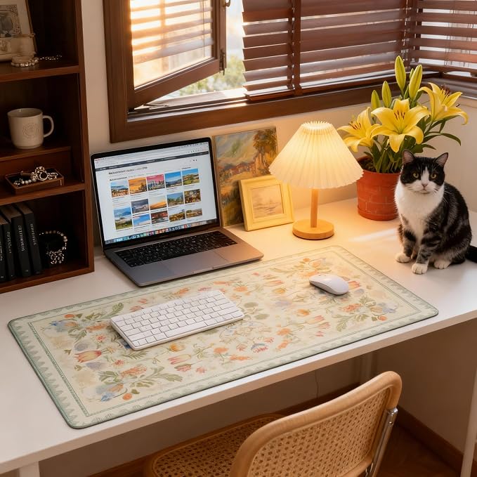 Sage Green Floral XXL Desk Mat - Cute Large Mouse Pad with Stitched Edges & Anti-Slip Base for Computer, Keyboard, Laptop | Aesthetic Office Supplies & Desk Decor for Women, Home, Office