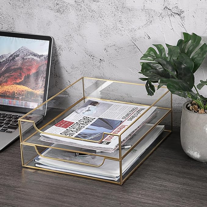BTSKY 2 Pack Golden Glass Desk Tray, Multi-Purpose Organizer for A4 Paper, Documents, Desk Supplies, Makeup, Clear File Tray with Metal Frame, Stackable Decorative Storage for Home Office Vanity