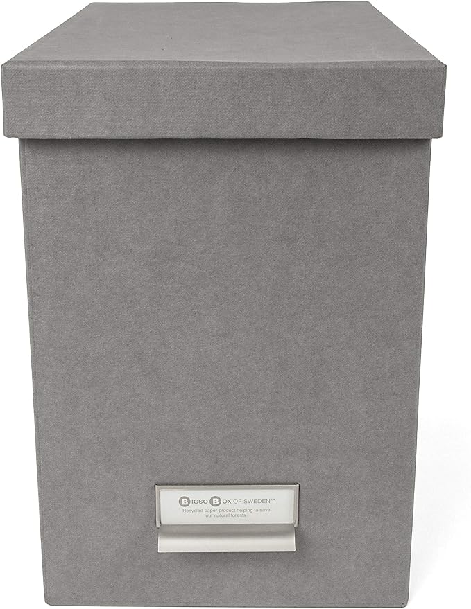 Bigso John Fiberboard Label Frame Desktop File Storage Box - Document Organizer for Important Paperwork - Durable Hanging File Box with a Lid & Metal Label Window - 7.36 x 13.38 x 10.51 in - Grey