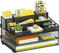 3 Tier Desk Organizer, Mesh Letter Tray Paper Organizer with 5 Adjustable Storage Compartments & Pen Holder, Metal Desk Accessories for Home Office School, Black