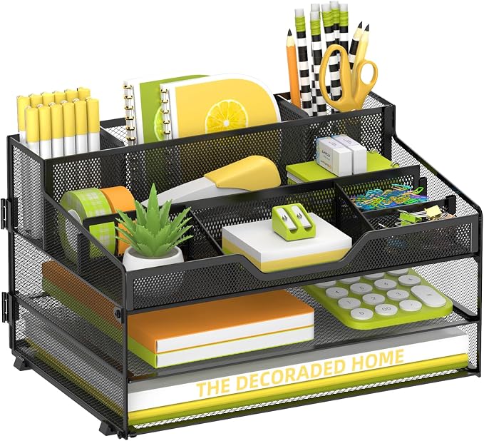 3 Tier Desk Organizer, Mesh Letter Tray Paper Organizer with 5 Adjustable Storage Compartments & Pen Holder, Metal Desk Accessories for Home Office School, Black