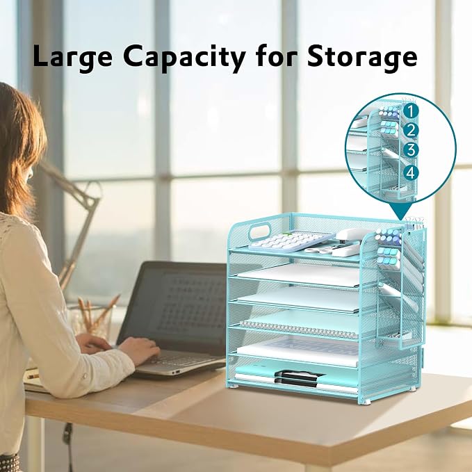 6 Tier Desk Organizer with 4 Pen Holders & Mesh Paper Trays Blue | 6 Tiers Paper Organizer, File Organizer Letter Tray with Handle for A4 Files, Folders, Mail and Office Supplies