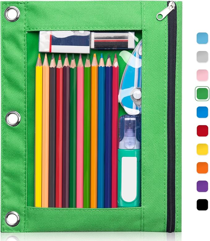 Forvencer 3 Ring Binder Pencil Pouch with Smooth Zipper, ClearWindow Binder | Pencil Case, Big Capacity Pencil Bag with 3 Reinforced Grommets, Green