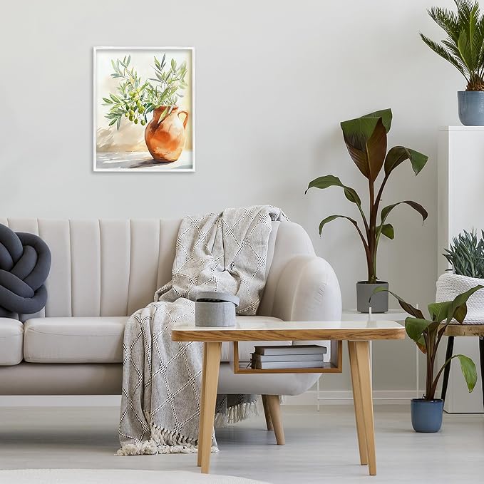 'Olive Branch in Terracotta Vase'| Framed Giclee Art | Stupell Industries | White, 11 x 14 Inches, Easy to Hang and Sturdy, Made in USA, by LSR Design Studio
