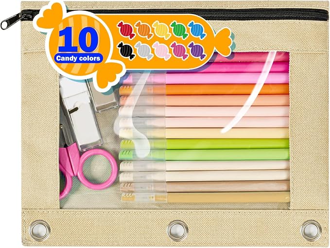 Forvencer Pencil Pouch for 3 Ring Binder, Large Pencil Case Pouch Binder | 3 Reinforced Grommetsinforced Grommets, Pen Bag, Clear Window Pencil Case, Binder Accessories, Beige