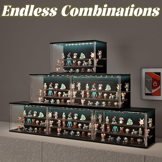 2PCS Clear Display Case for Collectibles, 3-Tier Adjustable Display Case with Led Light,Stackable Storage Bins with Magnetic Door for Jewelry (Black)