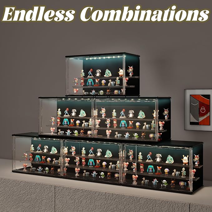 Clear Display Case for Collectibles, 3-Tier Adjustable Figure Display Case with LED Light, Stackable Acrylic Showcase with Magnetic Door for Jewelry,Collectibles (Black, 1 Pack-8.7" H)