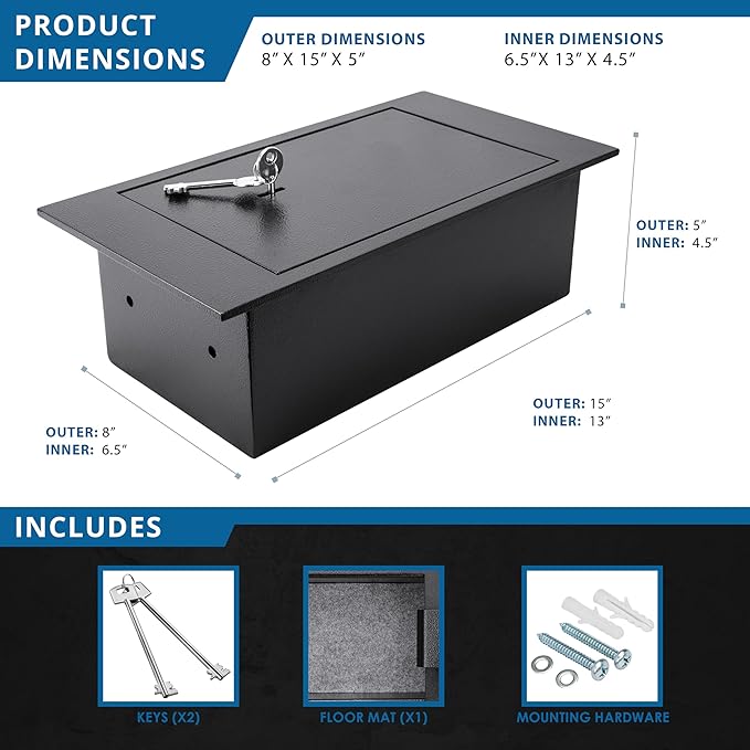 Barska 0.22 Cu. Ft. Hidden Floor Safe with Key Lock Solid Steel Construction, Concealed Design, Dual Locking Bolts Secure Storage for Home, Business, Jewelry, Cash & Valuables | Solid steel construction with key entry and deadbolts for cash, jewelry an...