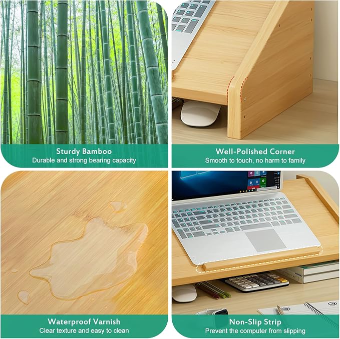 Ufine Bamboo Laptop Stand for Desk with Storage Computer Monitor Riser | 3 Heights Adjustable, Notebook Printer Stand Desktop Organizer for Home Office