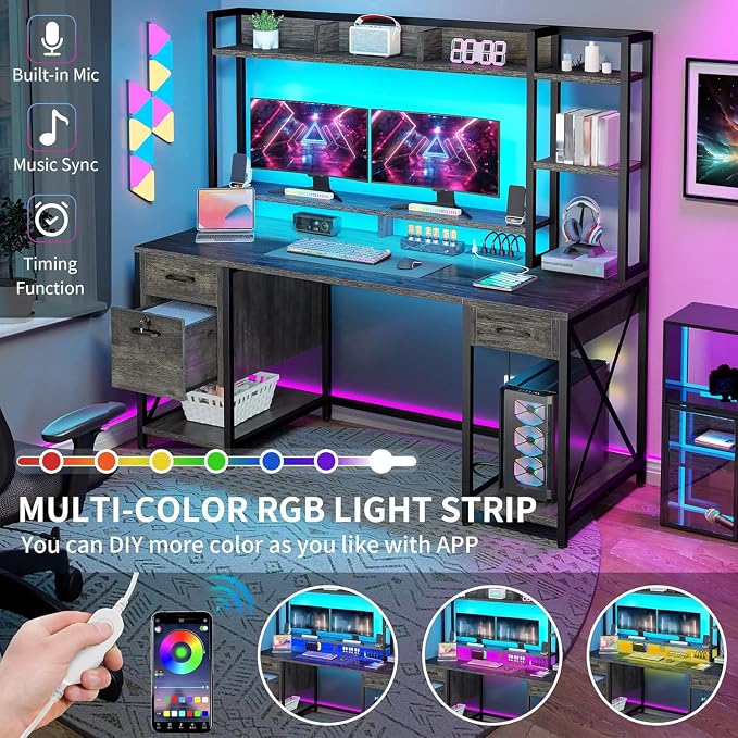 YITAHOME 59" Computer Desk with Hutch, Drawers, Power & LED, Gaming, Grey | Hutch & Drawers, Built-in Power Outlets, LED Lights, Storage Shelves, for Home Office Gaming, Easy Assembly
