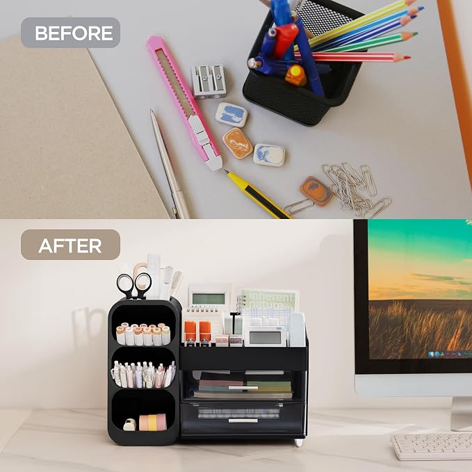 HBlife Desk Organizer with Pen Pencil Holder for Desk, Pen Organizer with 2 Drawers, Desk Organizers and Accessories with 4 Compartments, Desktop Storage for Office Home School Art Supplies, Black