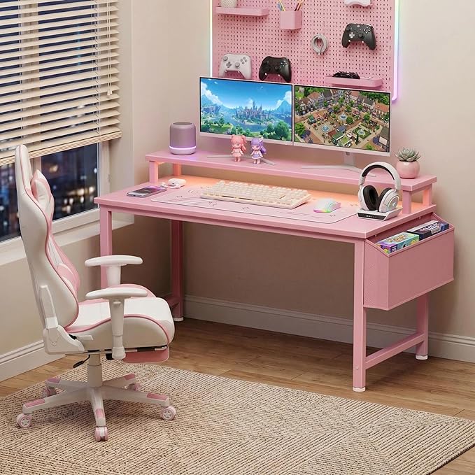 Lufeiya Girls Desk with Power Outlets and LED Lights, 40 Inch Gaming Desk Table with Charging Station, Home Office Computer Desks with Monitor, Pink