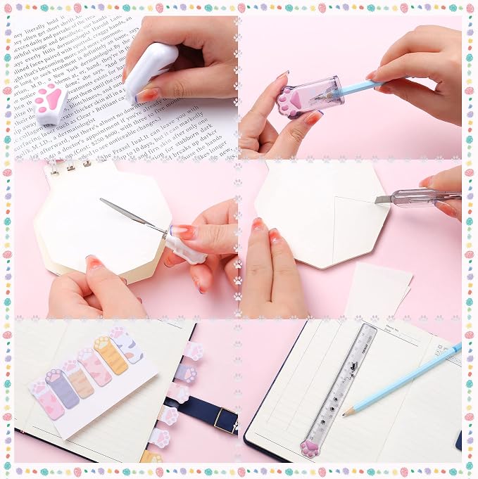 9 Pcs Cute Cat Paw Stationery Set Kawaii School Supplies Including Pencil Sharpener Retractable Eraser Correction Tape Sticky Notes Ruler Mini Scissors Utility Knife for Cat Lovers Students (White)