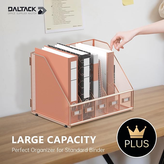 DALTACK 5-Slot Magazine File Holder, Metal Binder Holder, Rose Gold | Iron Mesh Construction, Labeled Sections for Easy Sorting, Anti-Slip Feet, Binder and Folder Storage for Office, Classroom
