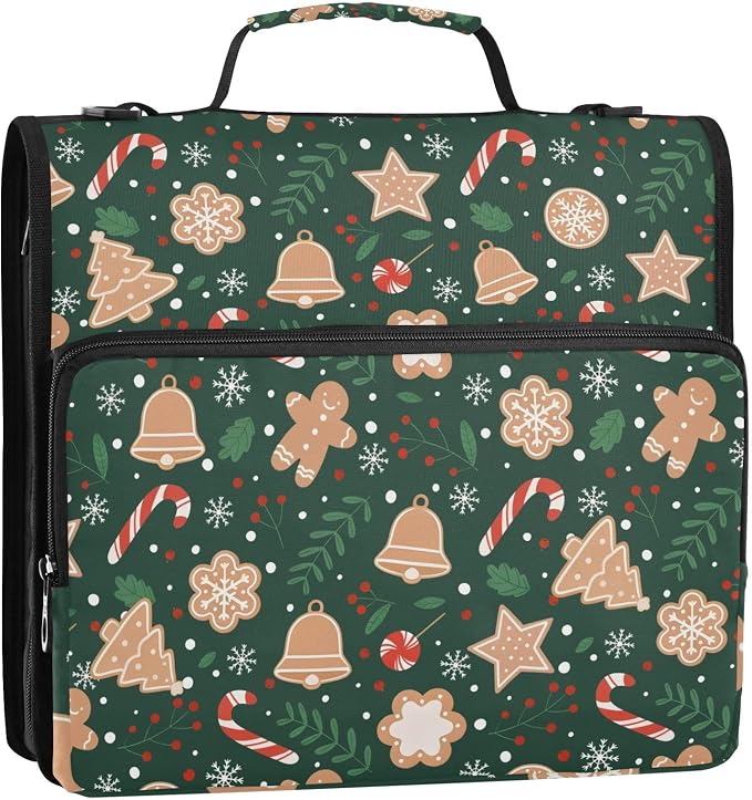 3 Ring Zipper Binder with Shoulder Strap Christmas Gingerbread Snowflakes 1.5 inch Binders Keeper Large Capacity Multi Pockets for School Office Supplies