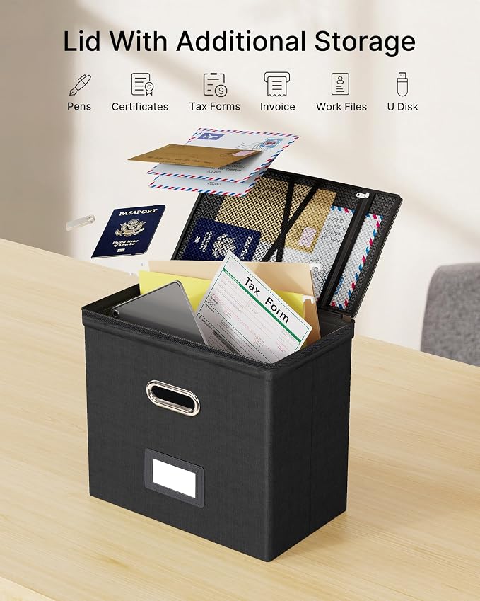 Oterri File Box Small 1-Pack Mesh Pockets Hanging Organizer for Letter-Size | Dustproof Lid. 3 Mesh Pockets. Collapsible Scratch-Resistant GRS Linen. Slide Rails. Office, Home, Dorm