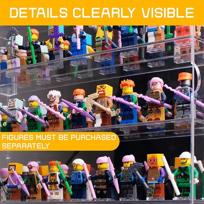 Acrylic Minifigure Display Case, Clear Display Cases for Collectibles with Mirrored, Figure Building Blocks Shadow Box, Small Anime Figure Thimble Showcase Holds 40 Minifigs (Figure not Included)