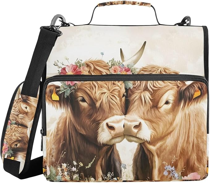 3 D-Ring Zipper Binder Bag, Two Highland Cows in Love Removable Binder with Zipper Case Hold 300+ Sheets& 13 Inch Laptop for School Office Supplies Organizer