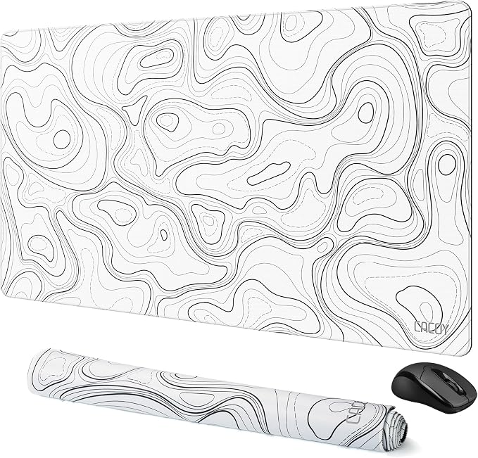 Cacoy 36"x20" Topographic Gaming Mouse Pad XXL, Extended Computer Desk Mat | White Topographic Contour Line Large Desk Pad for Keyboard and Mouse with Non-Slip Rubber Base Stitched Edges for Office Home