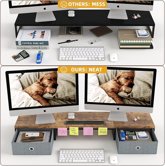 39 Inch Dual Monitor Stand Riser with 2 Drawers - Large Brown Wooden Computer Stand for 2 Monitors, Ergonomic Desk Organizer with Phone Holder, Desktop Storage for Laptop, Office Supplies, Home Office