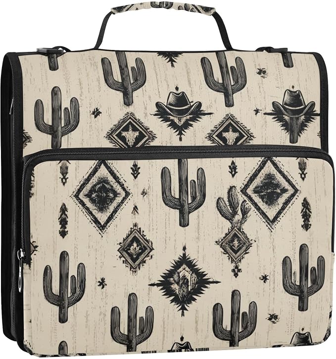 Western Cowboy Cactus 3 Ring Zipper Binder with Handle 1.5 inch Binder Organizer, Multi Pockets Office File Folder with Shoulder Strap 500 Sheet Capacity