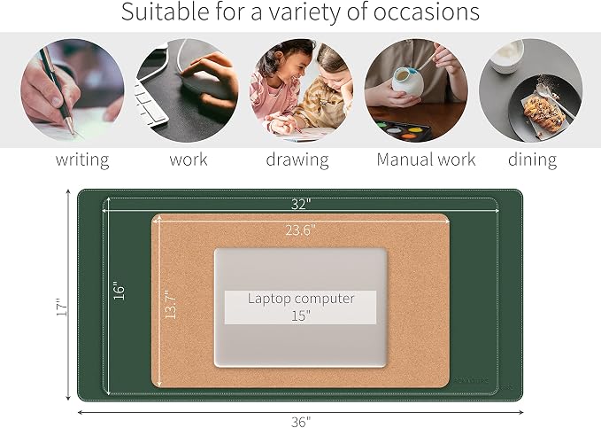 RENMTURE Dual-Sided Mouse Pad, Natural Cork & PU Leather Large Desk Pad for Office and Home Work, Desk Protector Non-Slip, Waterproof, Easy Clean (Dark Green, 36"x17")