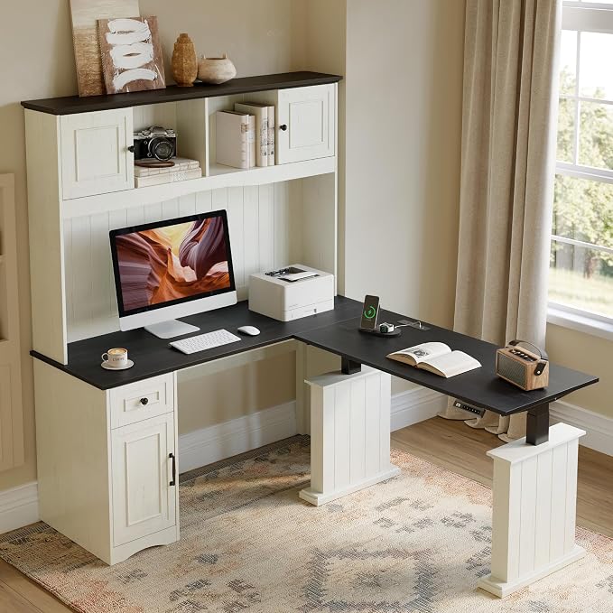 FEZIBO 80x60 L Shaped Electric Standing Desk with Hutch and Drawers, Farmhouse Height Adjustable Sit Stand Desk with Cabinets, Large Corner Home Office Computer Desk with Power Outlets, Antique White