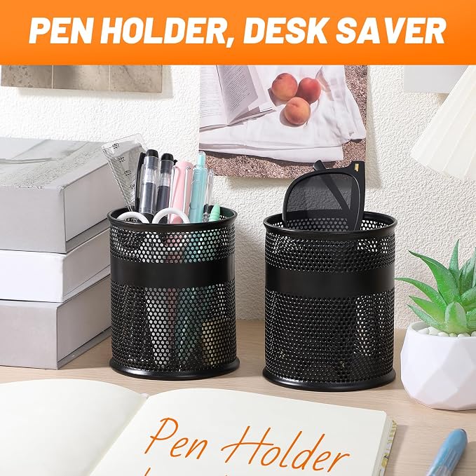 Segarty 6 Pack Black Steel Mesh Pen Cups Desk Pen Pencil Holder, Round Pen Container Pencil Cups Desk Organizers for Home Office