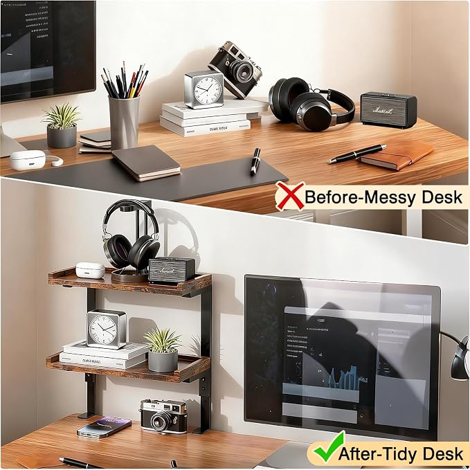 2-Tier Clamp-On Desk Shelf, 12.5" Wooden Desktop Storage Rack for Office Desk & Gaming Setup, Tabletop Organizer for Books, Accessories, Top or Under-Desk Mounted Shelf, Brown