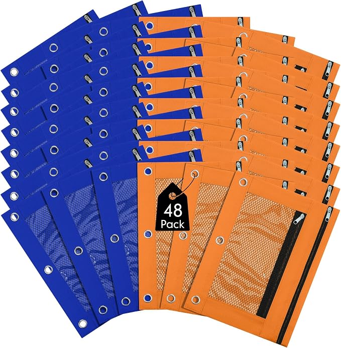 Leelosp 48 Pack Pencil Pouch for 3 Ring Binder,Blue, Orange | Bulk Mesh Zipper Binder Pouches Pencil Boxes for Classroom Pencils Case Bags for Storing School Students Teacher Supplies