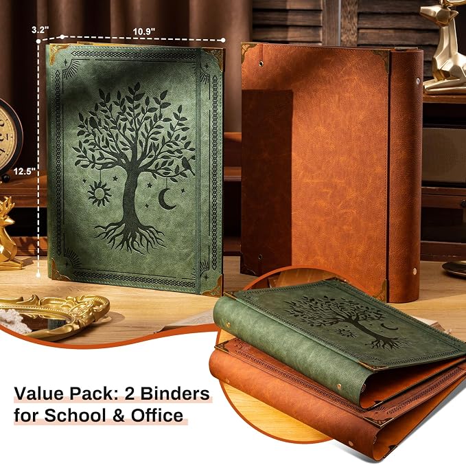 OVESMUSL 2 Pack PU Leather 3 Ring Binder, 2 Inch Green Brown | Fits 8.5x11 letter paper, holds 500 sheets, loose leaf organizer
