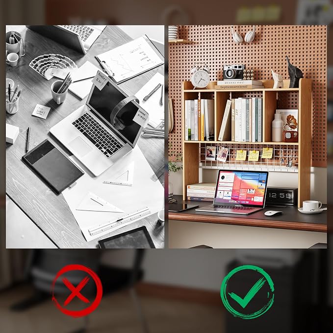 Desktop Bookshelf,Countertop Storage Hutch with 3 Shelves for Computer Desk，2-Tier Display Rack with Grid Panel, Multipurpose Wood Desk Hutch Storage Organizer for Home Office Dorm (Natural)