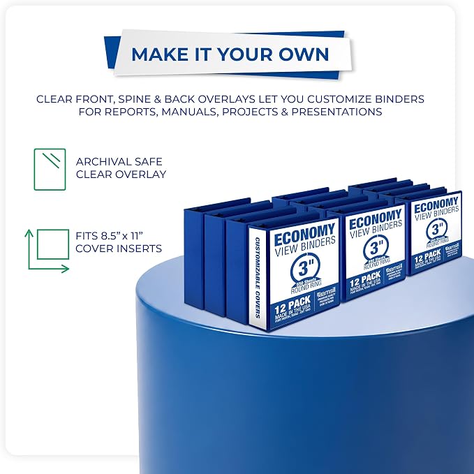 Samsill 3 Inch 3 Ring Binders, Economy Round Ring, Clear View Cover, 550 Sheet Capacity - for School, Home, Office - Blue, 12 Pack