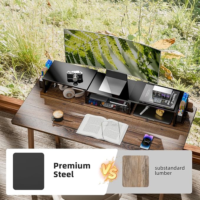 Simple Trending Dual Monitor Stand with Drawer and 2 Pen Holders, Black | 42"L x 9.5"W x 4.75"H. Sturdy metal. Fits 2 monitors. Reduces neck strain. Drawer + 2 pen holders. Easy assembly. 24h support