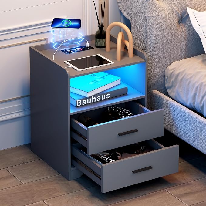 dnbss RGB Nightstand with Charging Station, Smart Bedside Table, Grey | LED Night Stand, 2 Drawers, 1 Compartment, Human Body Sensor, Modern End Side Table for Bedroom Living Room Office Storage
