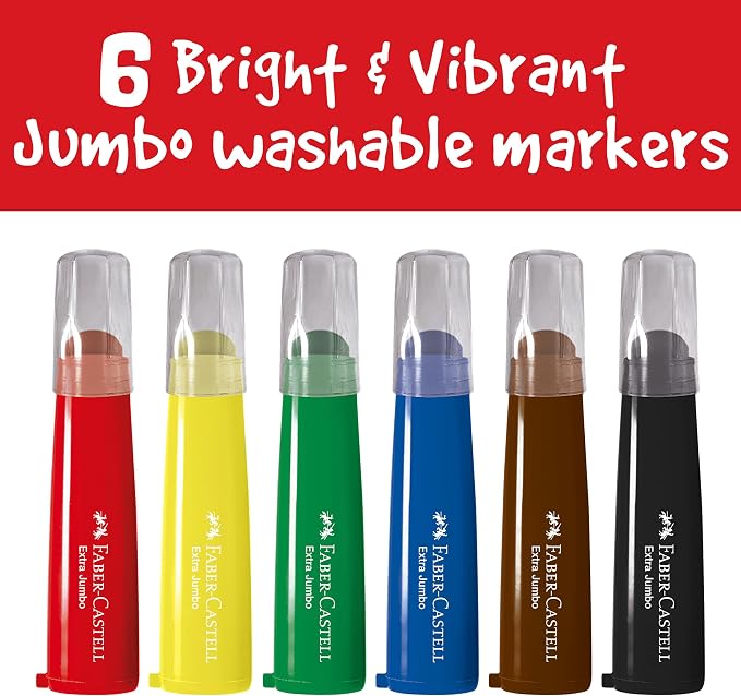 Faber-Castell Little Creatives Extra Jumbo Ultra Washable Markers for Kids - 6 Colors, Back to School Art Supplies | Summer Crafts for Kids | Art Supplies for Toddlers & Preschoolers (Ages 3+)