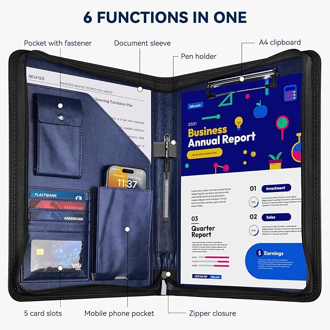 WRIYES Zippered Padfolio Organizer, Blue, 10.2 Inch Portfolio Folder | Leather Planner Binder, For Documents, Letter Size, Business Card Hold