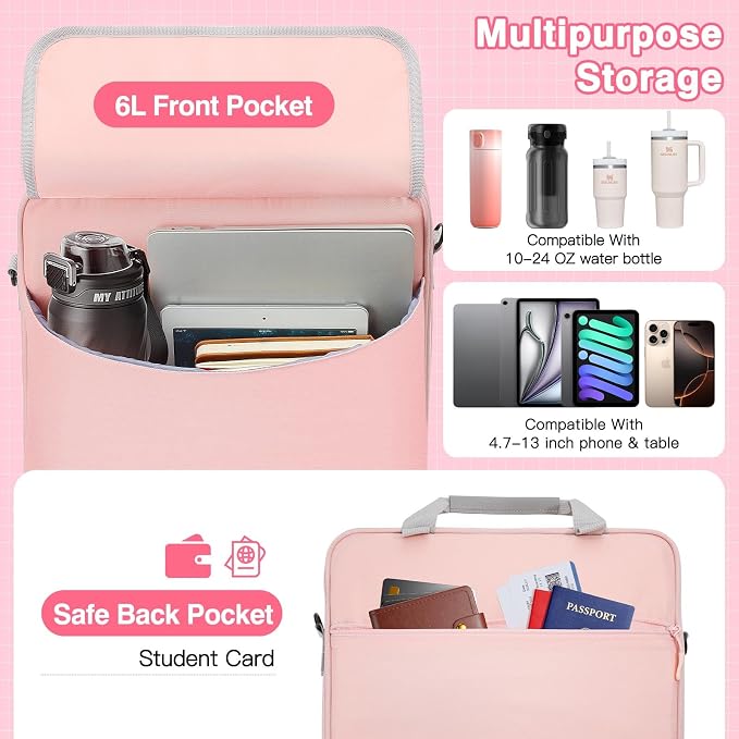 MoKo Zipper Binder Bag, 2-Inch 3-Ring, 500 Sheets, Pink | 6L water-resistant bag fits a 13-inch tablet and 14-inch laptop, with backpack, shoulder and hand carry options.