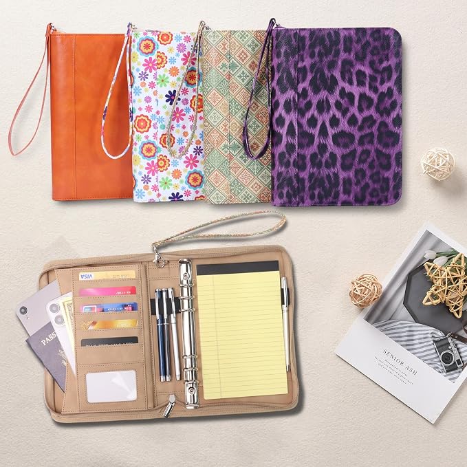 A5 Binder 6 Ring with Zipper, Portable Planner for Travel & Study | Faux leather A5 planner with detachable 6 rings, lined pages, pouches, card slots and pen holder for daily use.