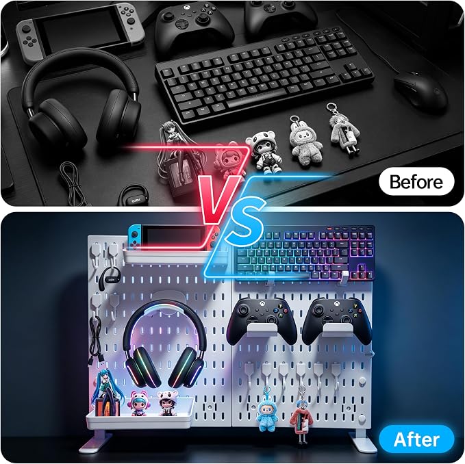 Gaming Desk Organizer, No-Drill Freestanding Desk Pegboard with Headphone Stand, Controller Holder, Keyboard Stand & Shelves, 5-in-1 Gaming Setup Accessories for Dorm Room & Home Office, White
